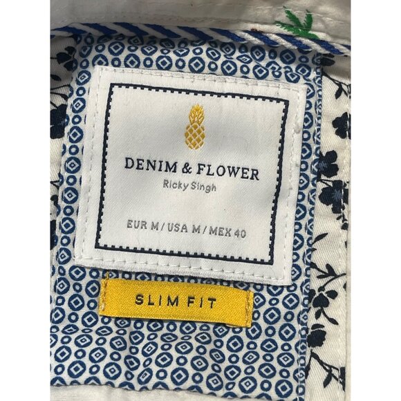 Denim Flower Ricky Singh White Palm Tree Button Up Golf Shirt Slim Fit Medium - Picture 4 of 6